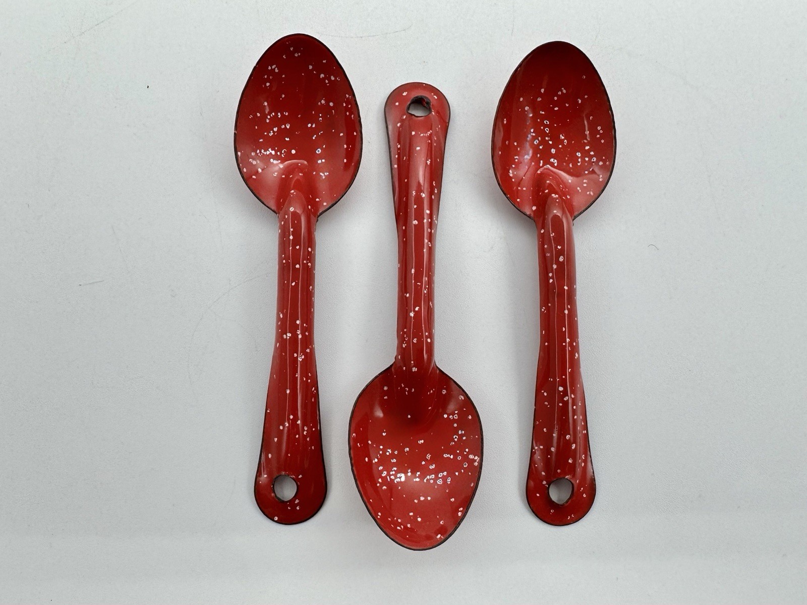 RED Speckle 6" SPOONS 3 pc Lot Vintage Enamel Metal Enamelware Camping Speckled