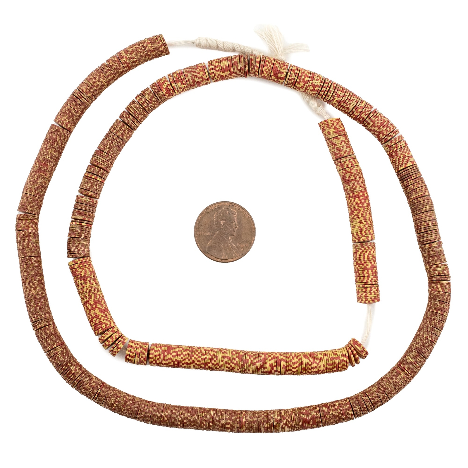 Rare Red Patterned Vintage Vinyl Beads 7mm Ghana African Heishi 26 Inch Strand