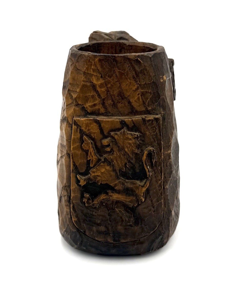Hand Carved Wood Tankard Mug Lion Crest Rustic Medieval Decor
