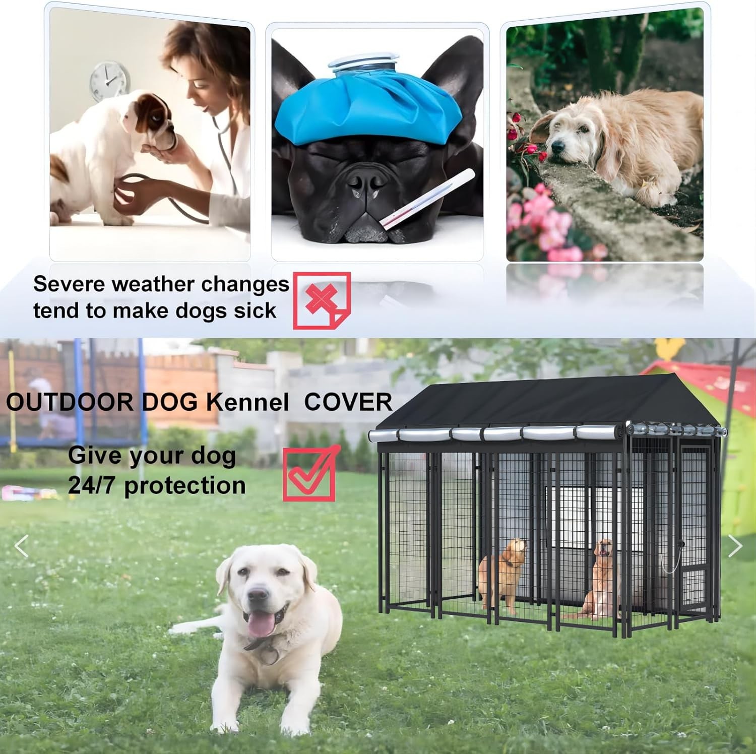 Outdoor Dog Kennel Cover - Full Coverage for 8'Dx4'Wx6'H Dog Cages, 600D Heavy D