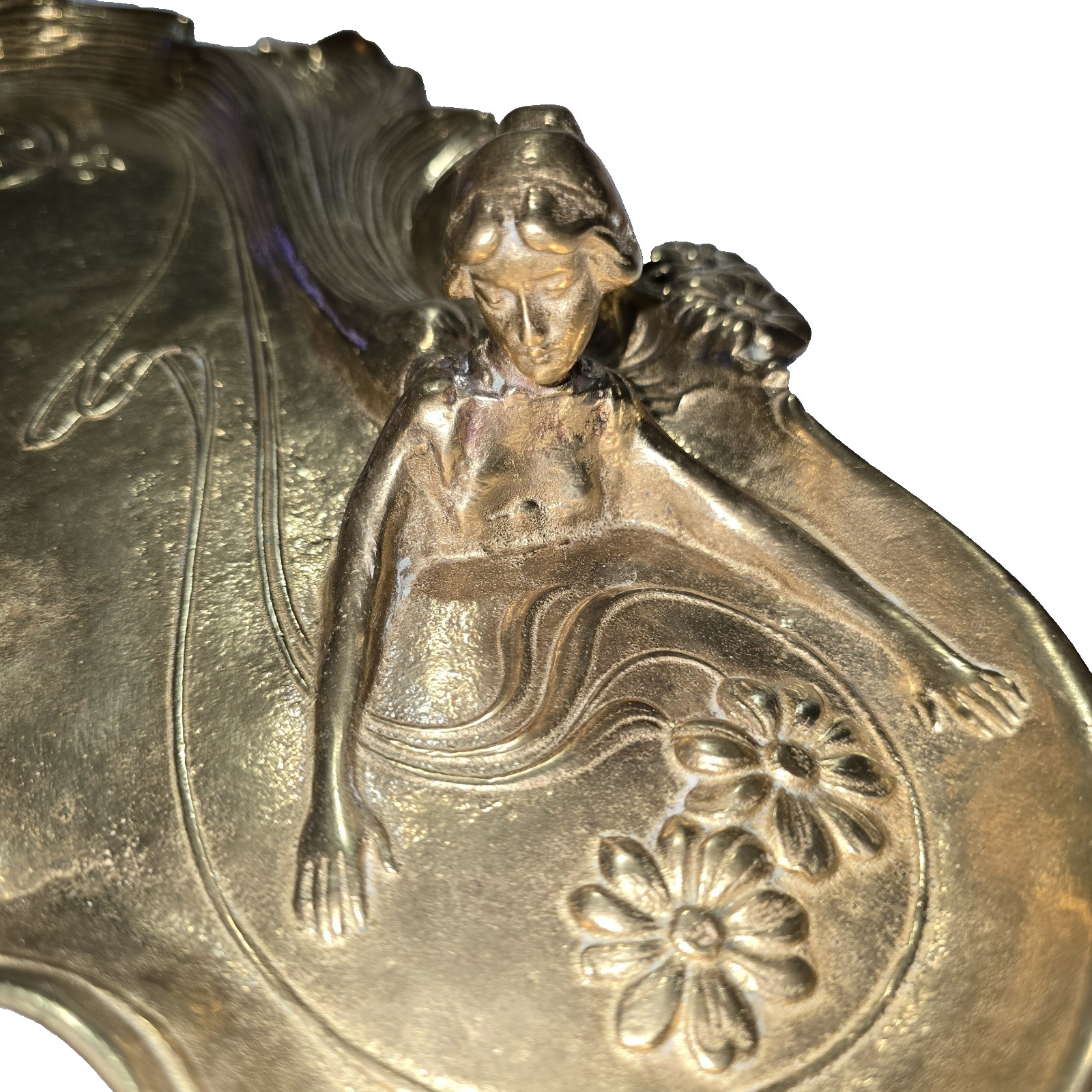 Art Nouveau German Woman in the Water Gentleman's Card Holder Bronze Tray