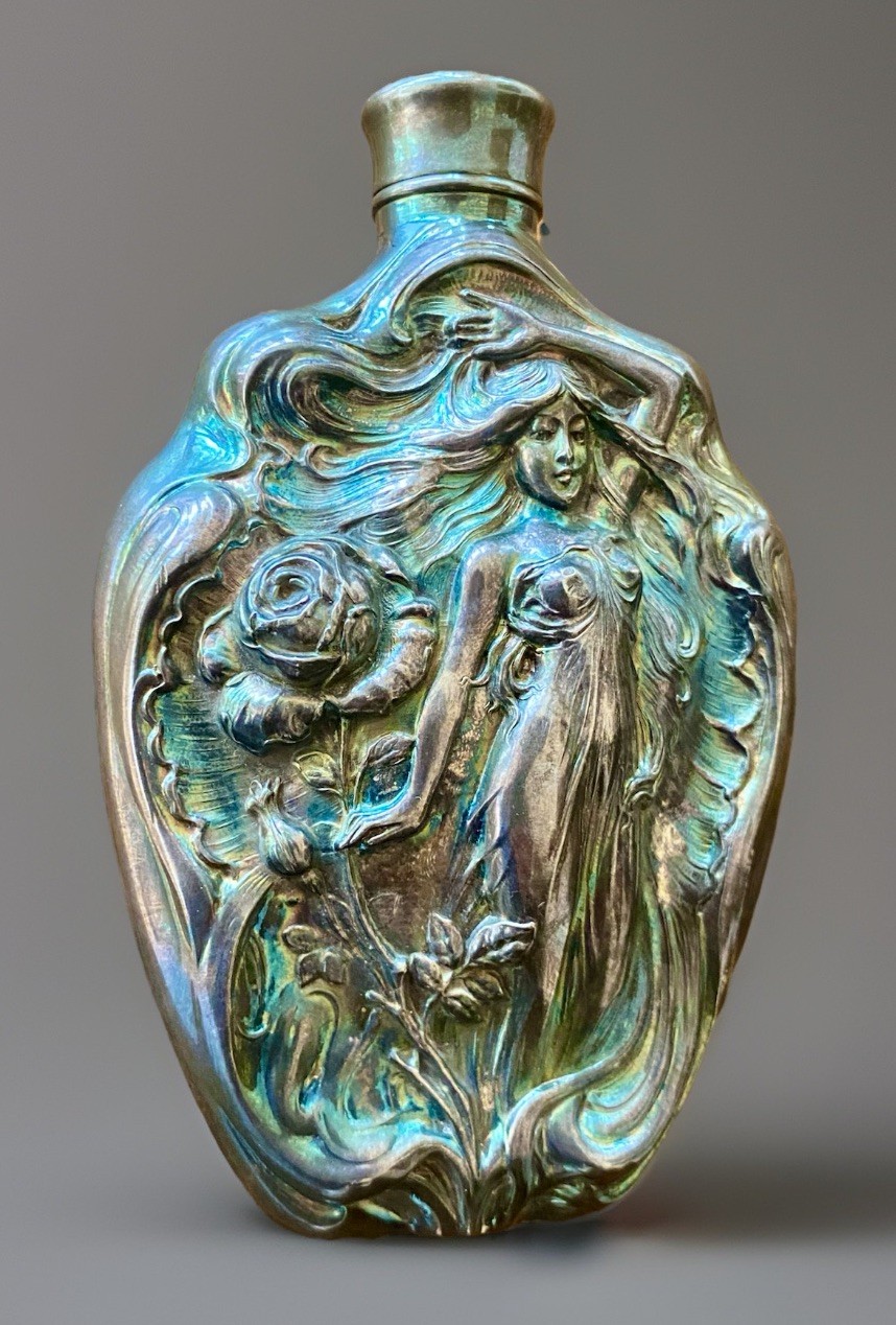 Art Nouveau Spirit Flask Victor Silver Co Nymph Relief Iridescent Barware Superb