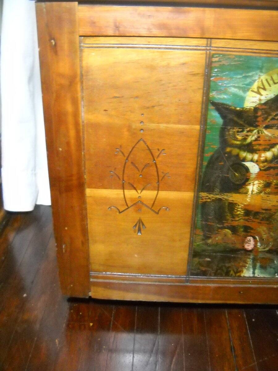 1890 Willimantic 6 Drawer Spool Cabinet Cherry & Birdseye Maple Owl Logo Decal
