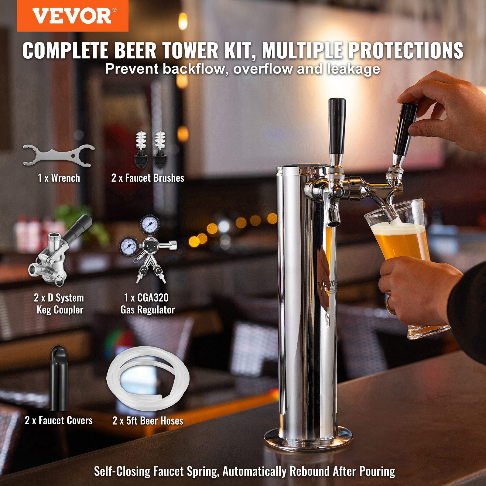 VEVOR Kegerator Tower Kit Double Taps Beer Conversion Kit & Self-Closing Spring