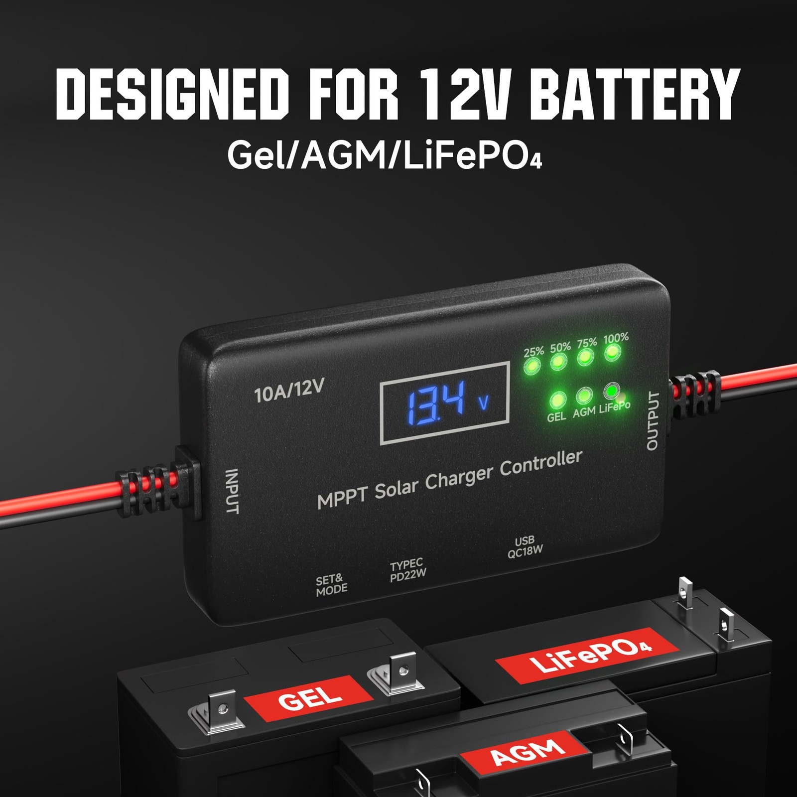 10A MPPT Solar Charge Controller 12V Solar Panel Charge Controller for Gel, AGM