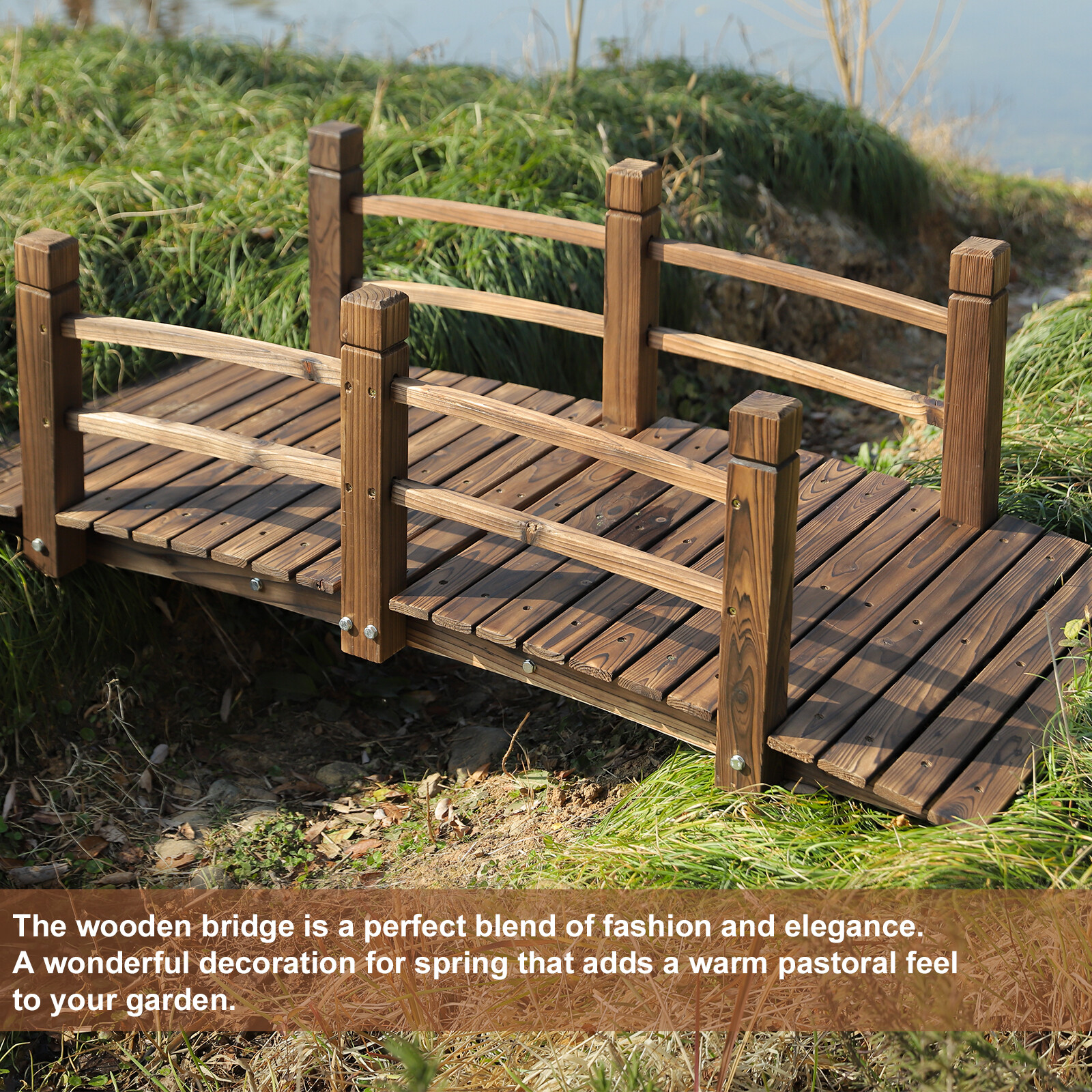 5FT Wooden Garden Bridge Decorative Pond Landscaping Bridge with Double Railings