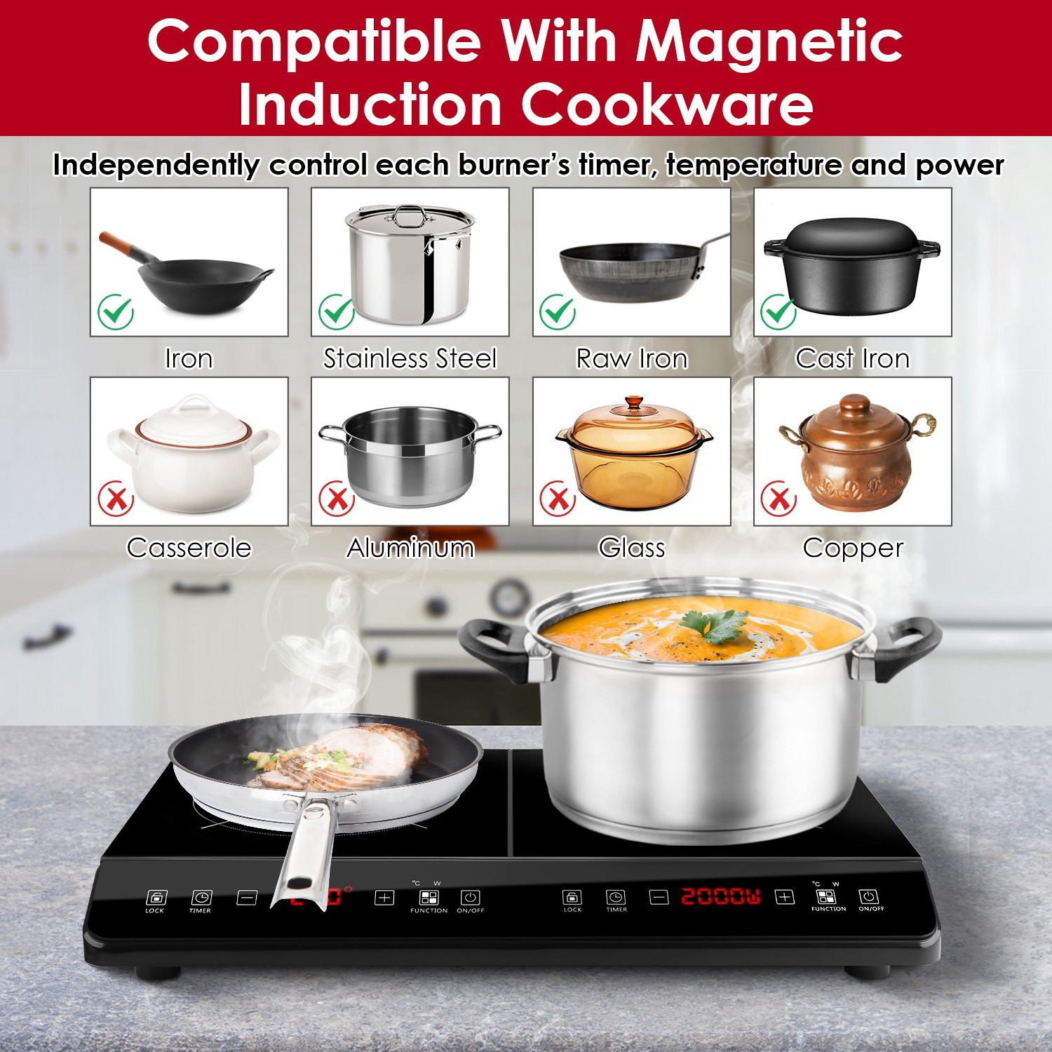 4000W Induction Cooktop Countertop Dual Cooker Burner Stove Hot Plate 9 Power