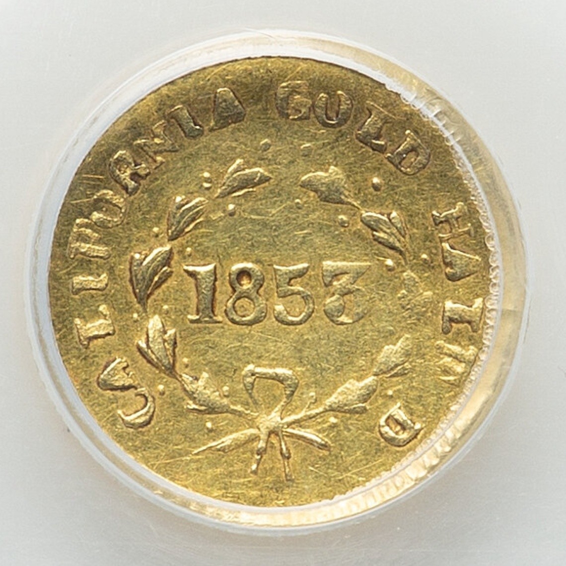 1853 G50C CALI"P"ORNIA FRACTIONAL GOLD, BG-421, AU55 PCGS - GOLD RUSH!