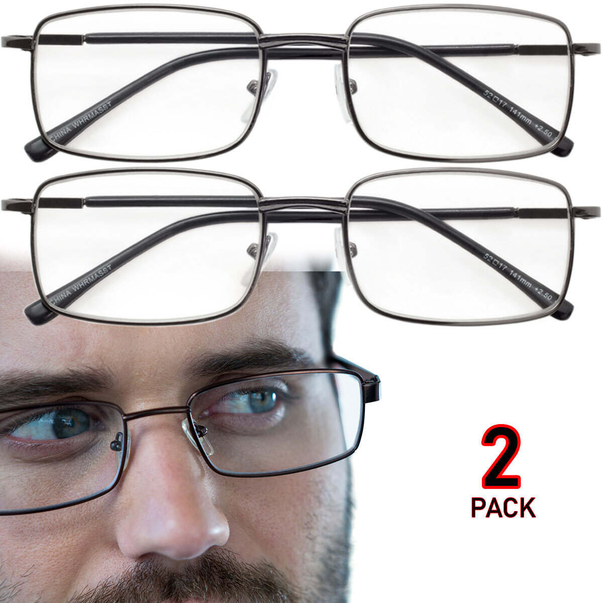 Reading Glasses Mens Womens Metal Reading Glasses 2 PACK Square Frame Readers