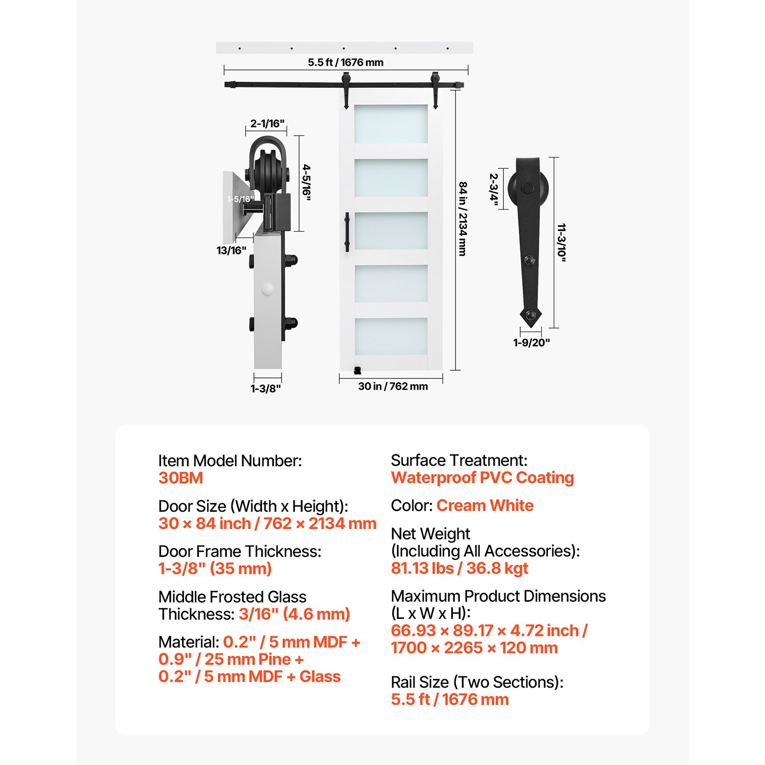 Uimoso Sliding Barn Door with Hardware Kit 30 x 84 in, MDF Panel & Frosted Glass