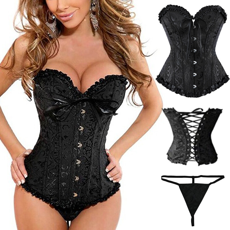 Women Classic Black Corset Bustier Gothic Burlesque Waist Trainer Overbust Tops