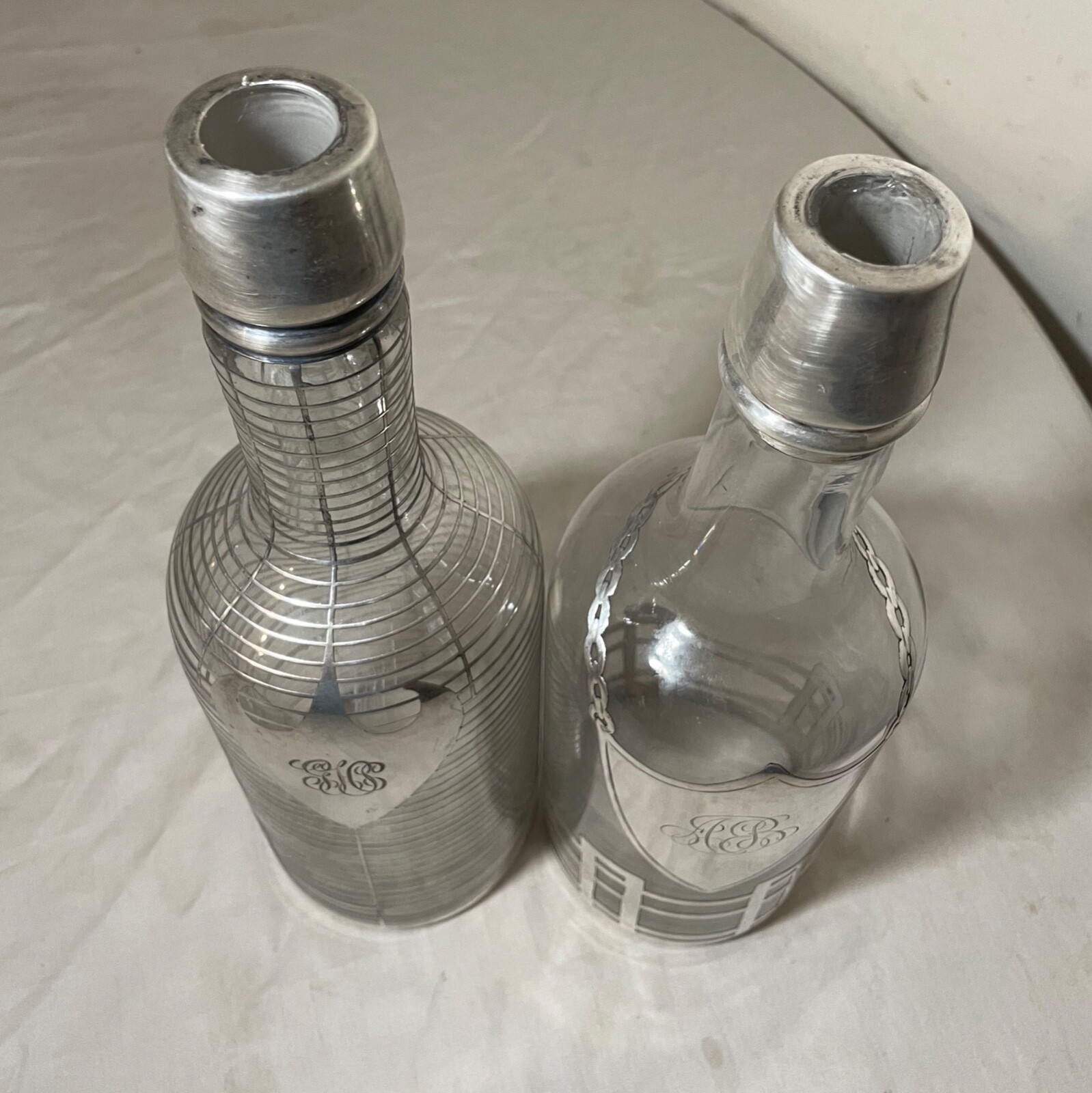 pair antique ornate sterling silver overlay glass liquor claret decanter bottle