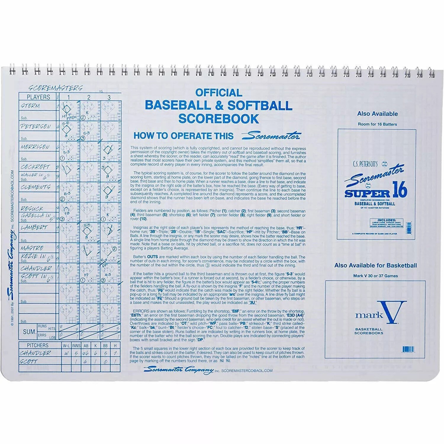 CS Peterson Scoremaster Baseball Softball Scorebook - OFFICIAL - Made in the USA