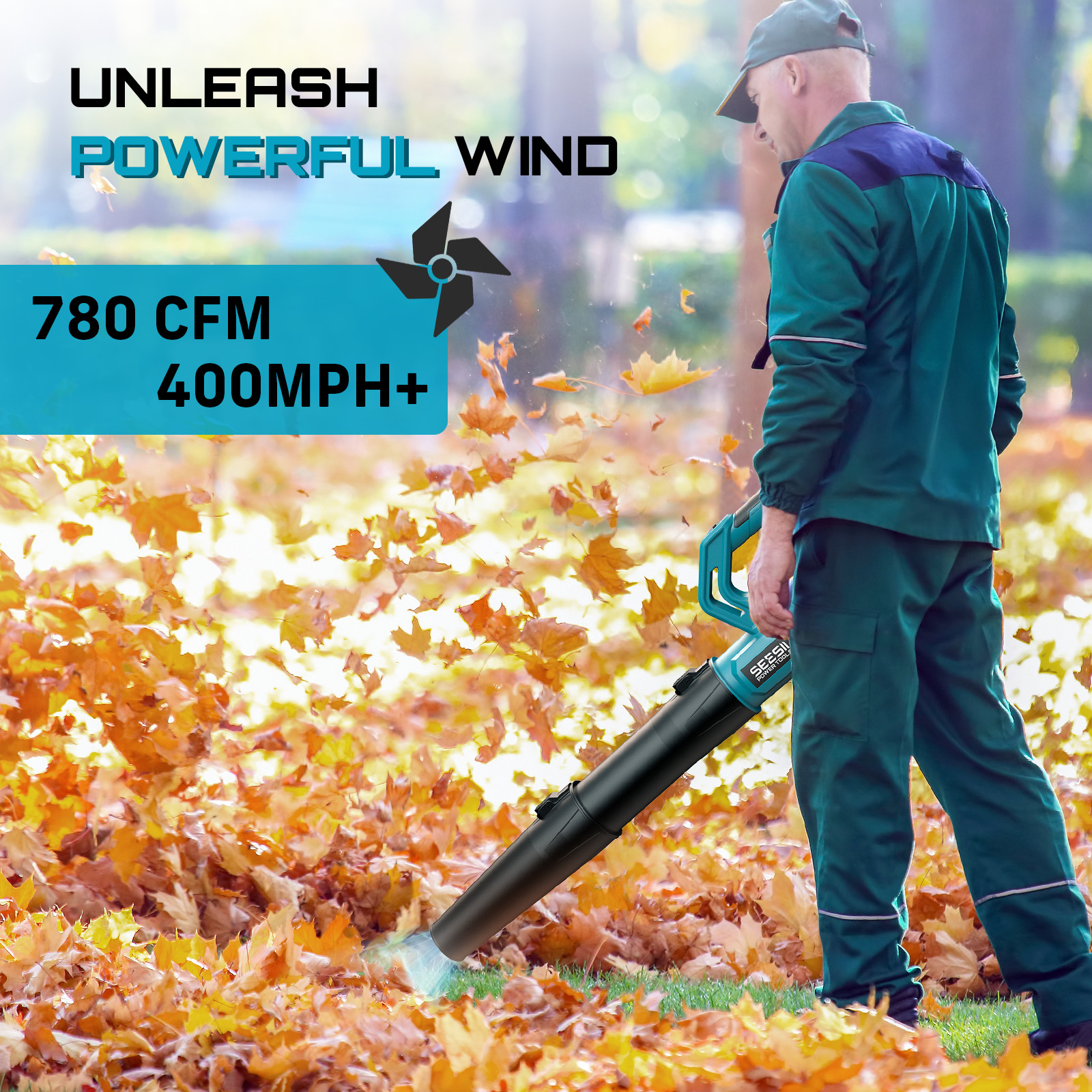 Seesii 21V Cordless Leaf Blower 780CFM 400MPH 2x4000mAh Batteries