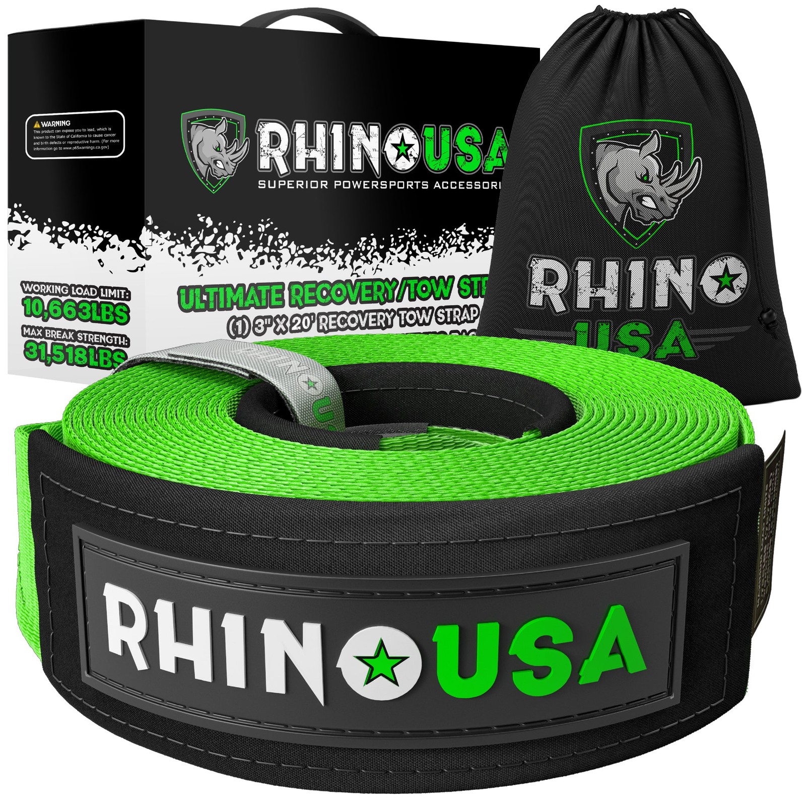 Rhino USA RG-TS3X20-GRN Tow Strap