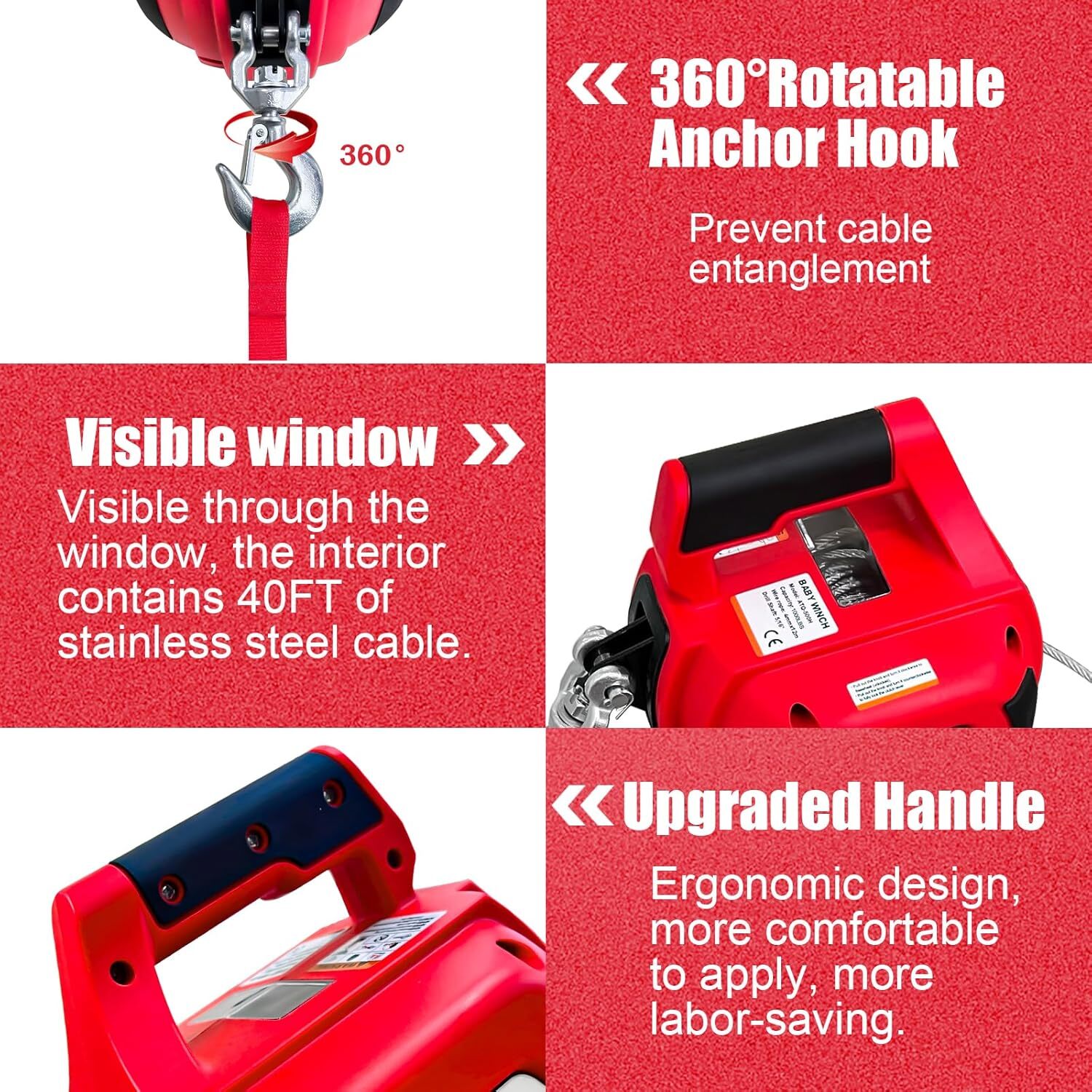Portable Drill Winch 1000LBS,Drill Powered Winch with Alloy Steel Wire Rope 40FT