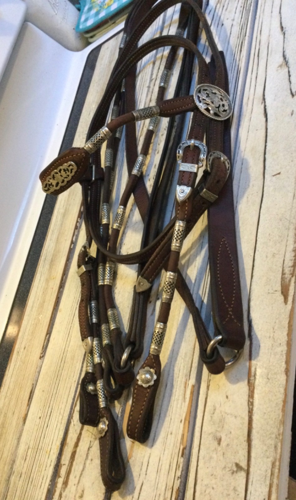 Vntg Poco Western Bridle & Romel Reins Silver Ferrule Fleming Filigree Sterling