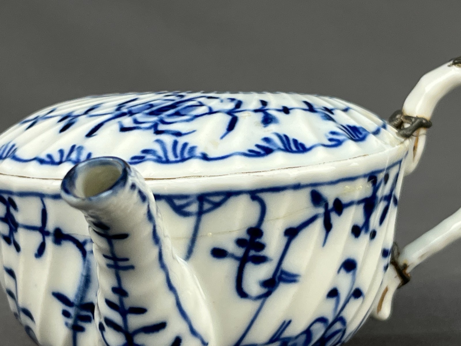 Royal Tettau BLUE ONION Invalid Feeder Pap Boat w/STAPLE REPAIR MAKE DO c. 1885