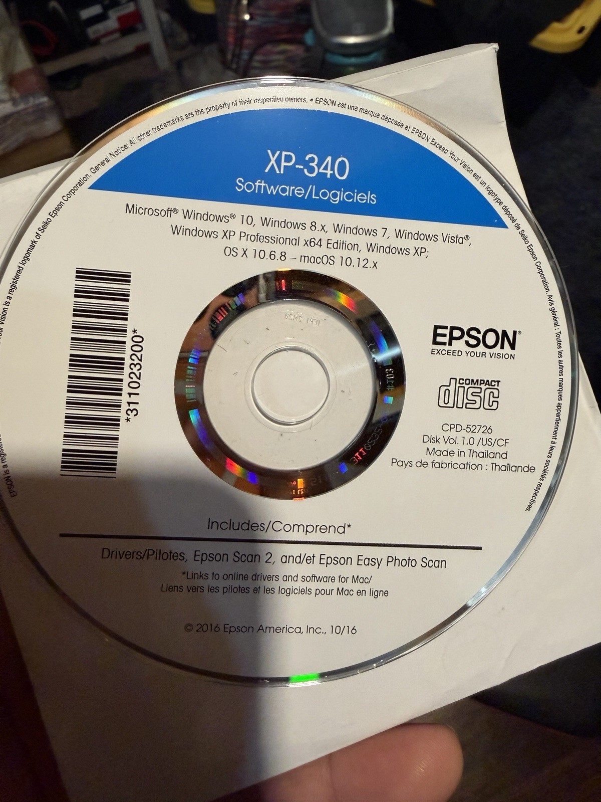 Epson XP-340 Software CD Drivers Disc CPD-52726 For Windows Mac Used OEM