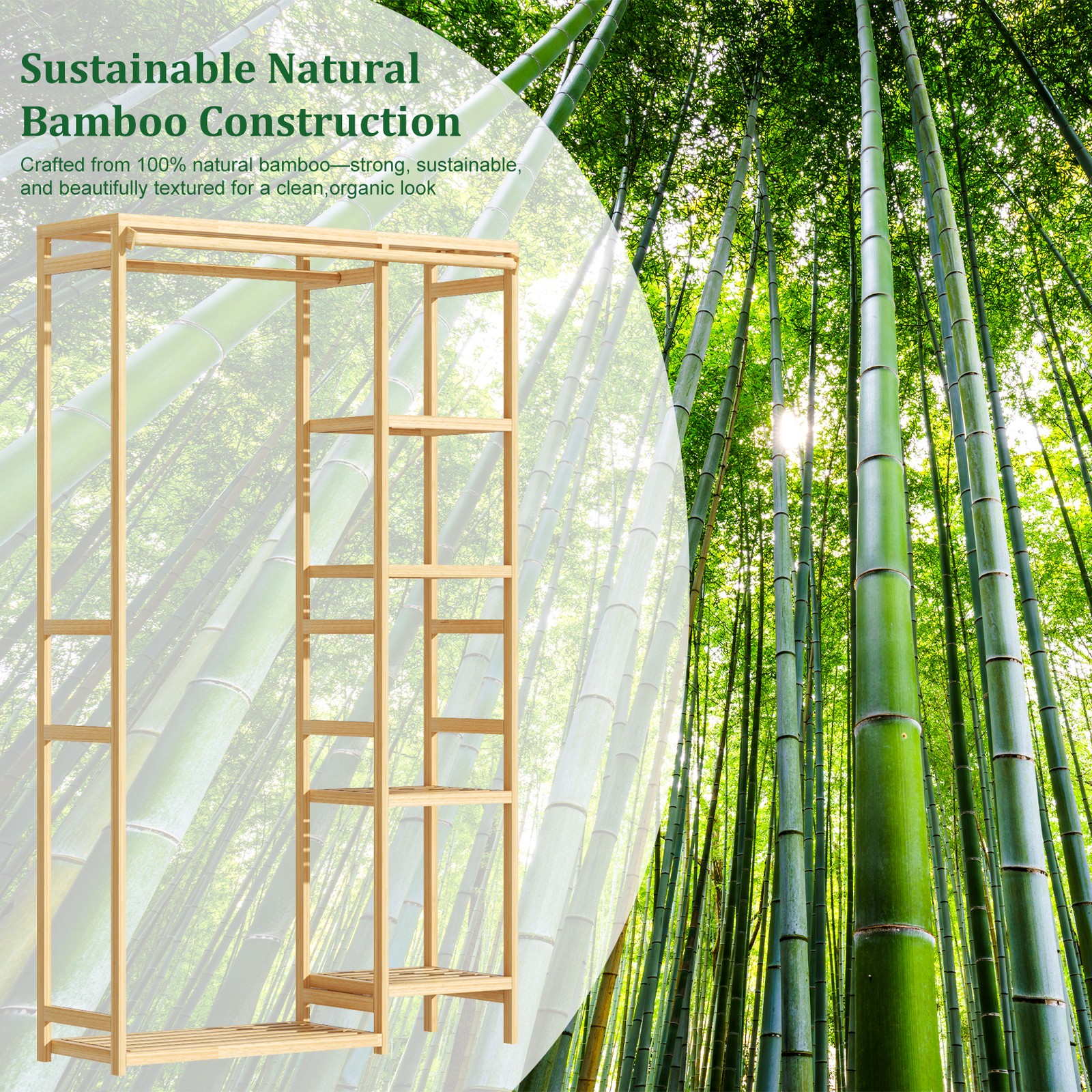 Extra Large Garment Rack Solid Bamboo Clothes Wardrobe Clothing Organizer Shelve