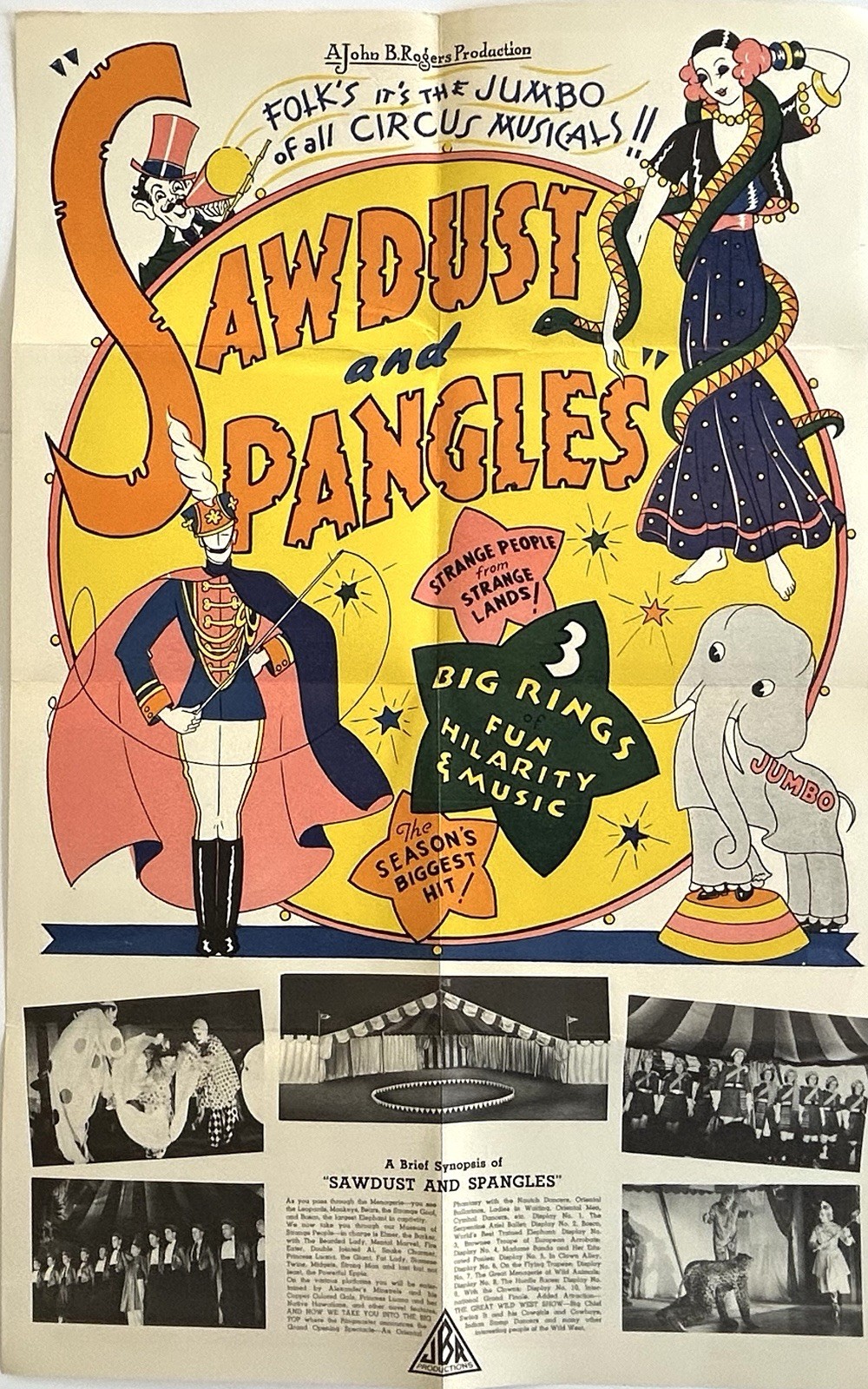 Vintage Theatrical Circus Poster “SAWDUST and SPANGLES” John B. Rogers 1920s-30s