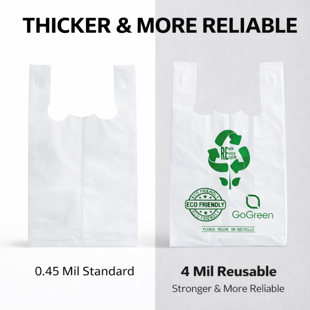 White 4 Mil Reusable Grocery T-Shirt Bags 1/6 21x6.5x11.5 Heavy Duty