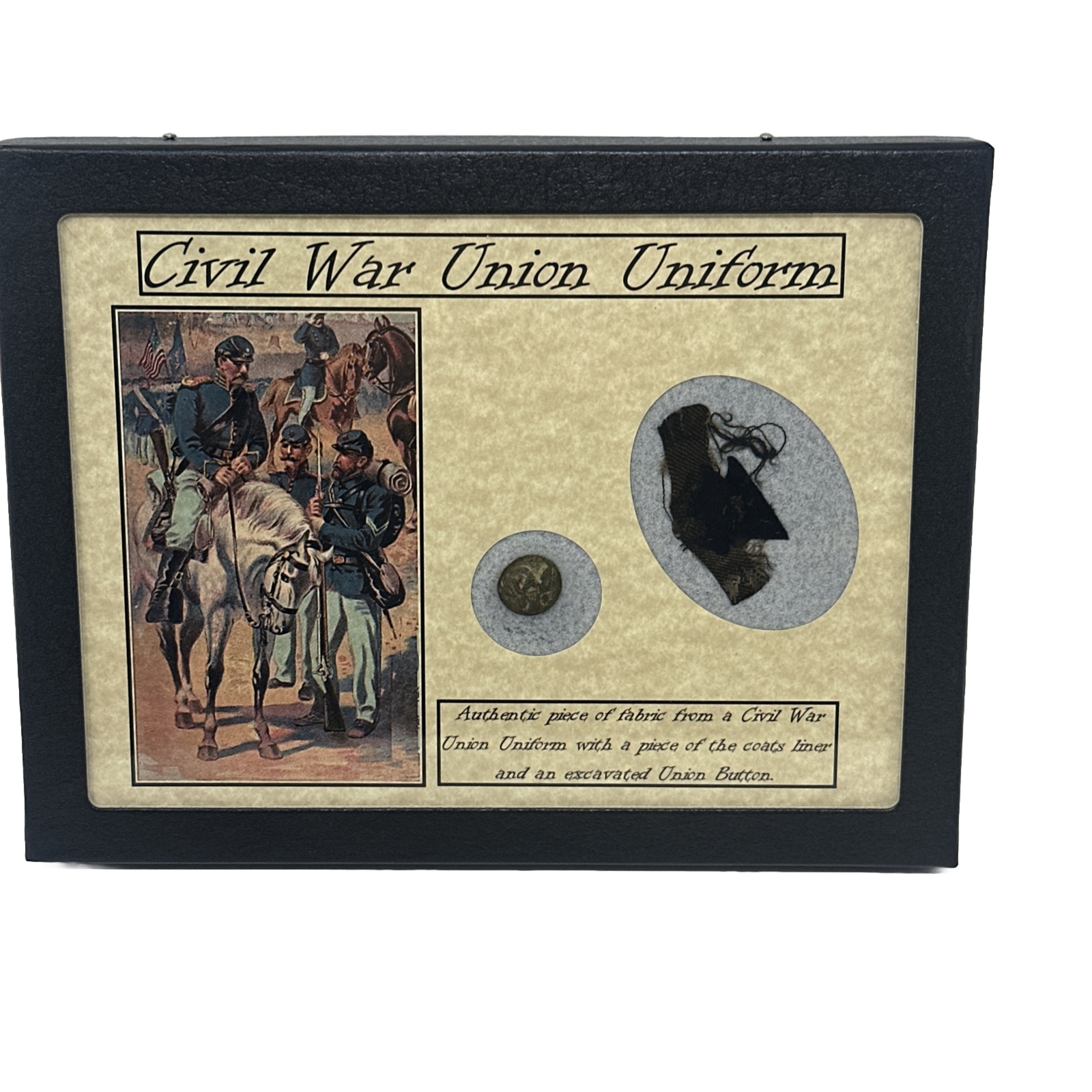 Civil War Union Uniform Fabric Piece with Eagle Button in Display Case and COA