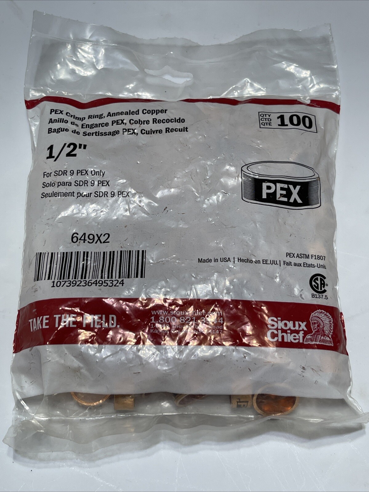 Bag of 100 Sioux Chief PEX Crimp Ring 1/2” Annealed Copper 649x2 USA SDR 9 PEX