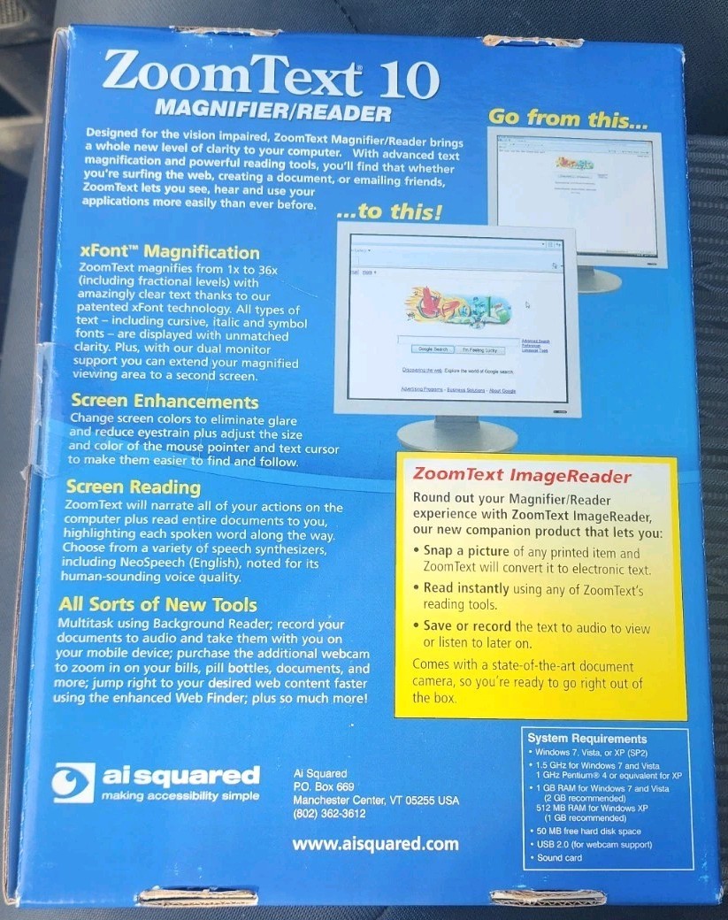 ZoomText MAGNIFIER READER Ver 10 Ai Squared Zoom WINDOWS 7/Vista/XP/ME New Seald