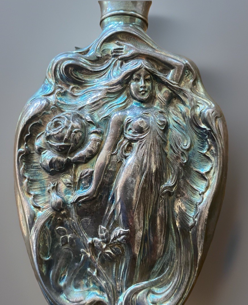 Art Nouveau Spirit Flask Victor Silver Co Nymph Relief Iridescent Barware Superb