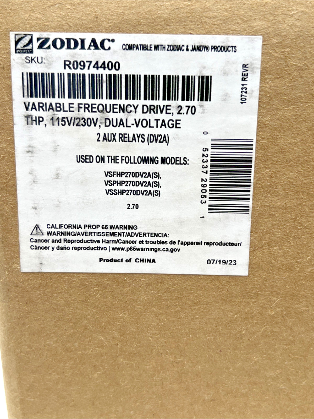 Zodiac Variable Frequency VS Pool Pump Drive, 2.70, THP, 115V/230V, R0974400