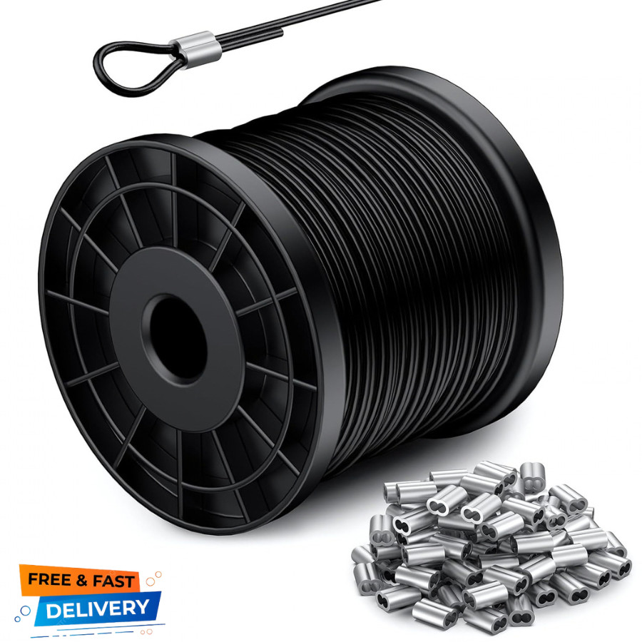 328FT 304 Stainless Steel Wire Rope Cable, Black Vinyl Coated, 150Pcs 1/16''Alum