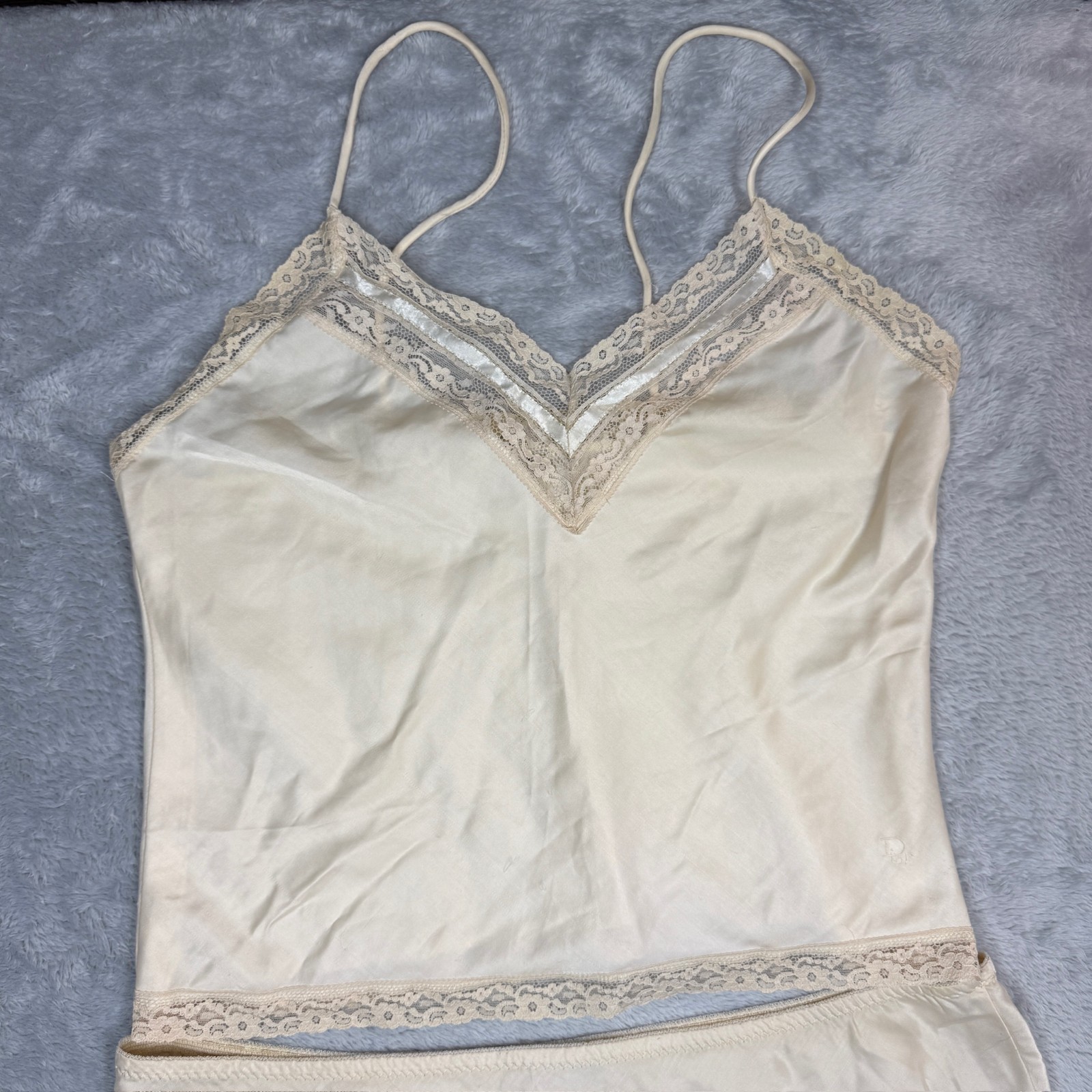 Vintage Christian Dior Slip Top & Skirt Women L Cream Satin Lace Hem READ