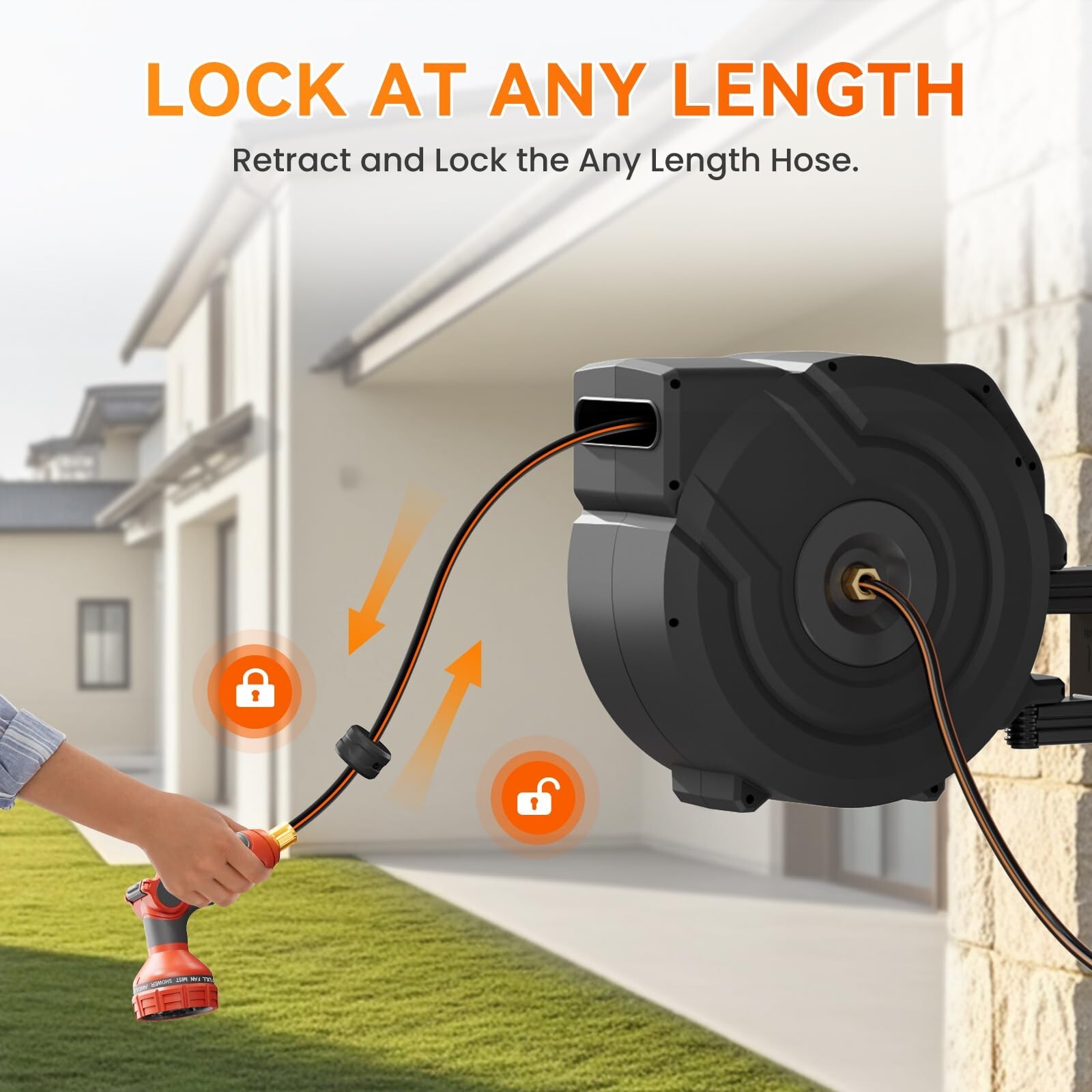 NEOTEC Retractable Garden Hose Reel 1/2 inch x 130ft Wall Mounted Garden Hose
