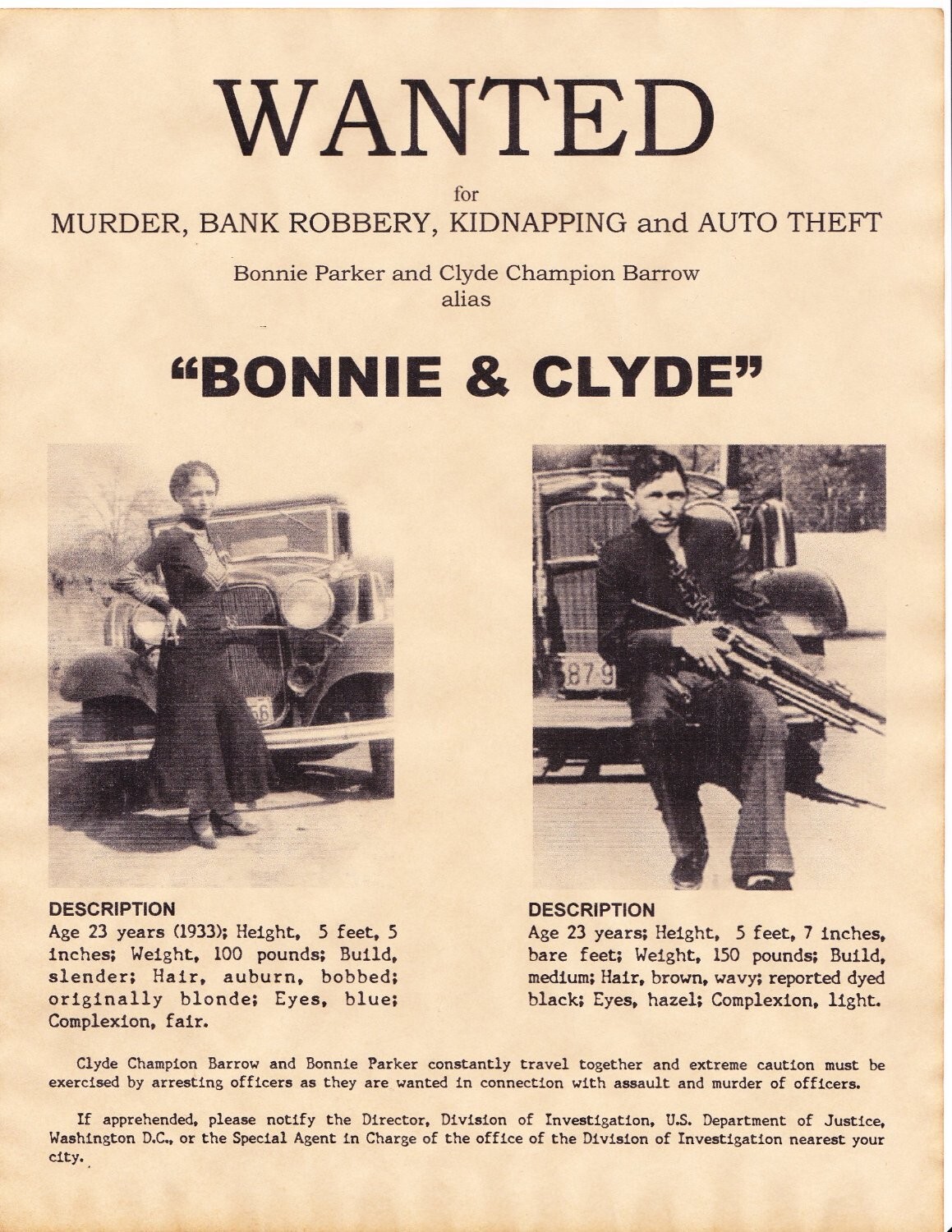 Bonnie & Clyde Wanted Poster Texas Murders Gang Mob Bonnie Parker Clyde Barrow ⭐