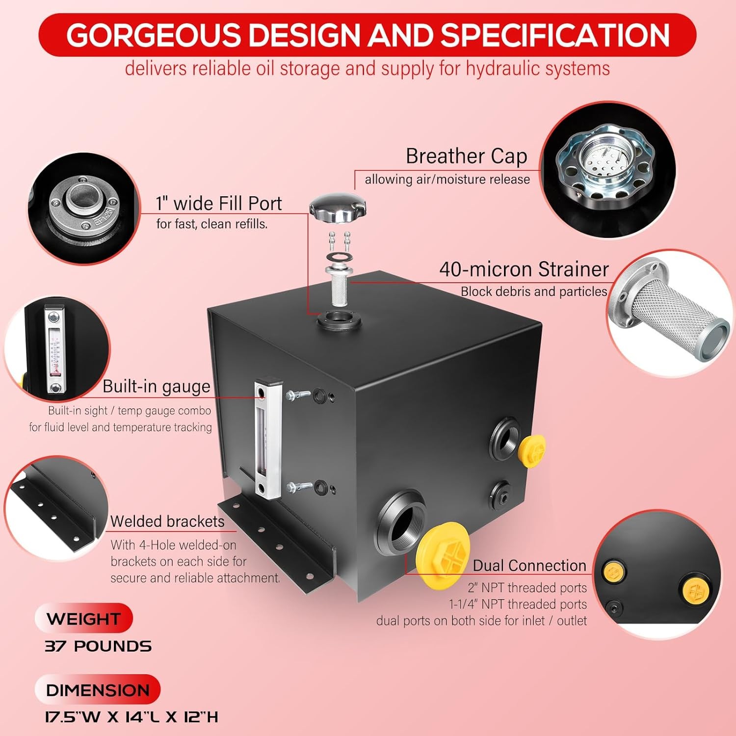 7 Gallon Hydraulic Fluid Reservoir Tank with Temp Gauge, Sight-Gauge & Breather