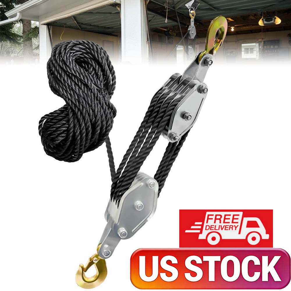 Rope Pulley Hoist 4400 LB 8:1 Lifting Power Pulley Block Tackle System 65FT Rope