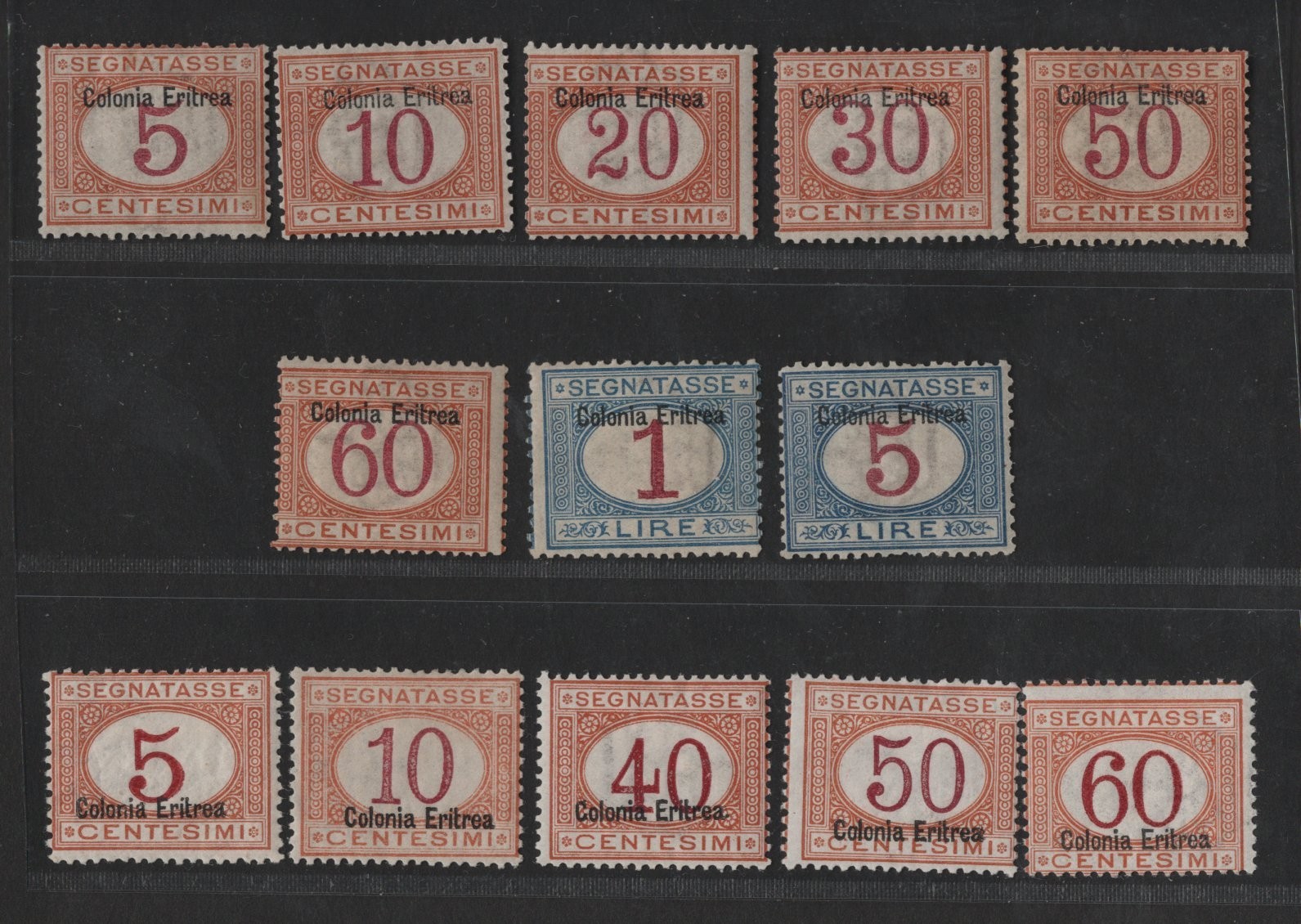 ITALY ERITREA 1903-1920 POSTAGE DUE OVERPRINT AT TOP SC. #J1-J4, J6-J8, J11