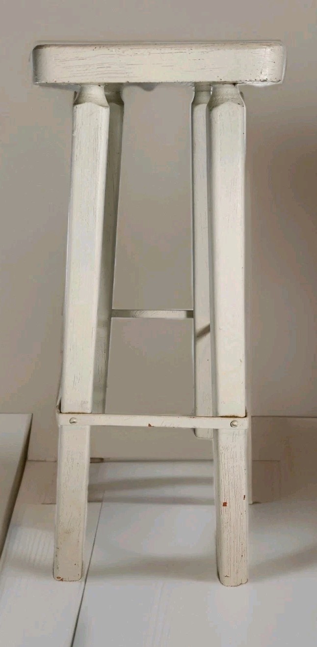 Rustic Chippy White Distressed Painted Wooden Tall Stool Seat Euro Farmhouse