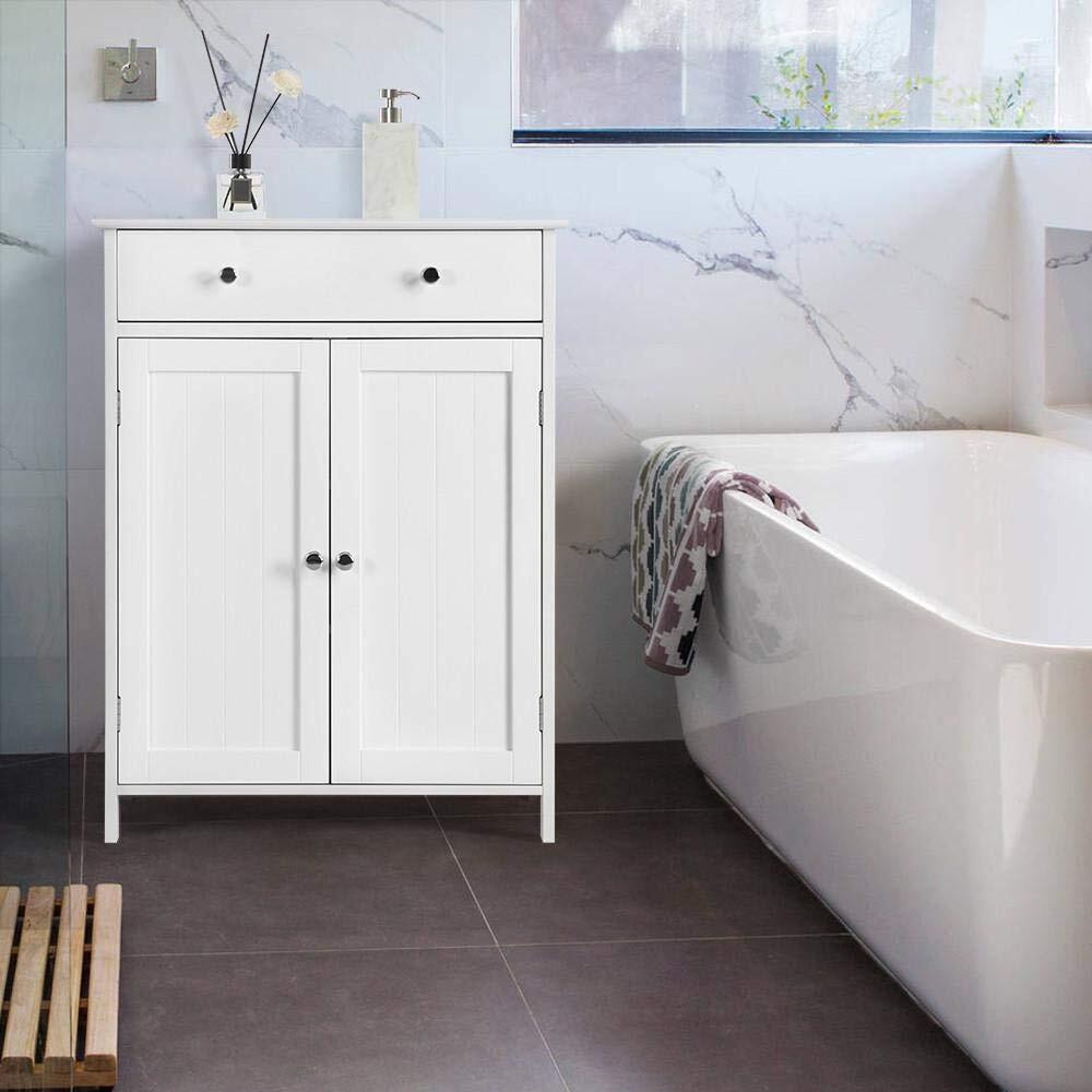 White Wooden Bathroom Floor Cabinet Storage Cupboard W/ Shelves for Home Kitchen