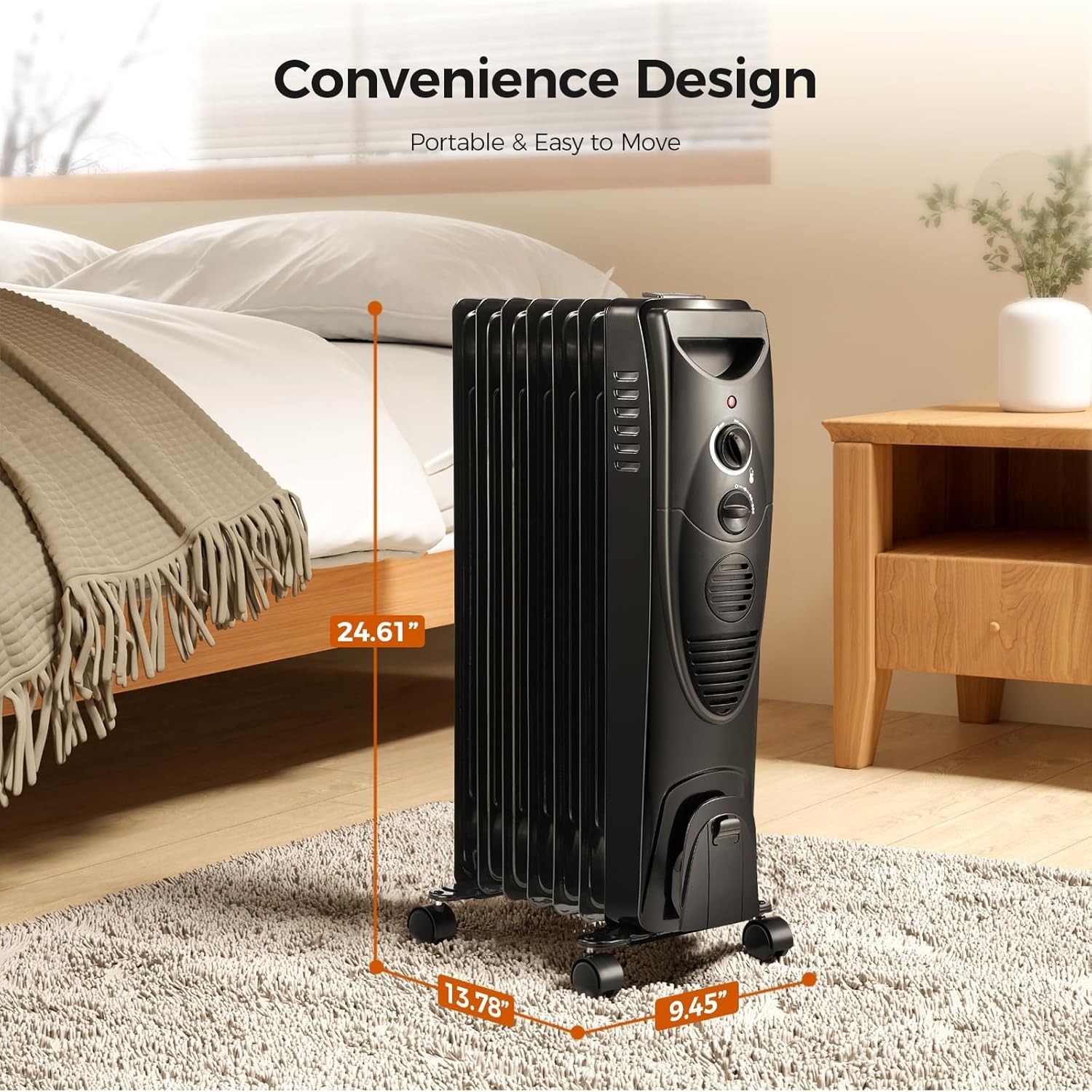 Portable Electric Radiator Heater, Oil Filled with 3 Heat Settings, Adjustable