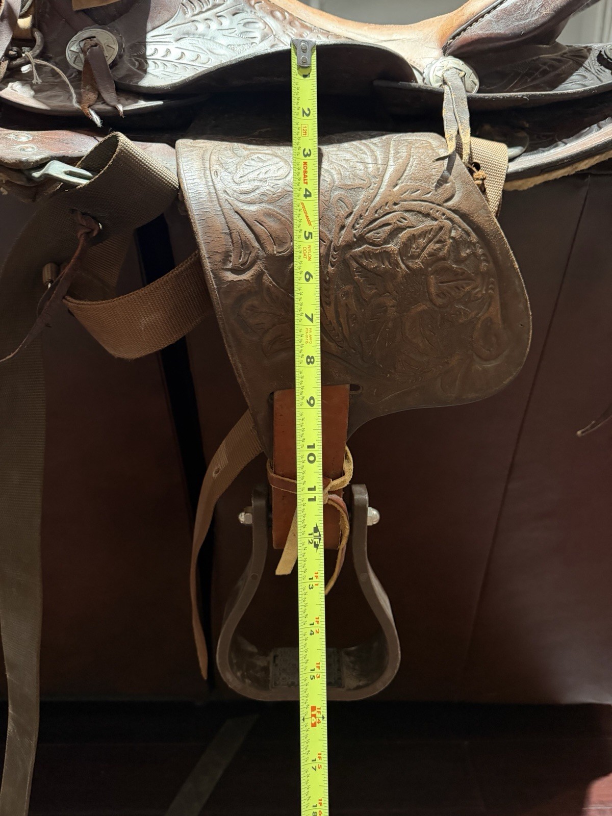 Western Saddle Décor – Rustic Cabin Display – Tooled Leather 15” VERY NICE DECOR