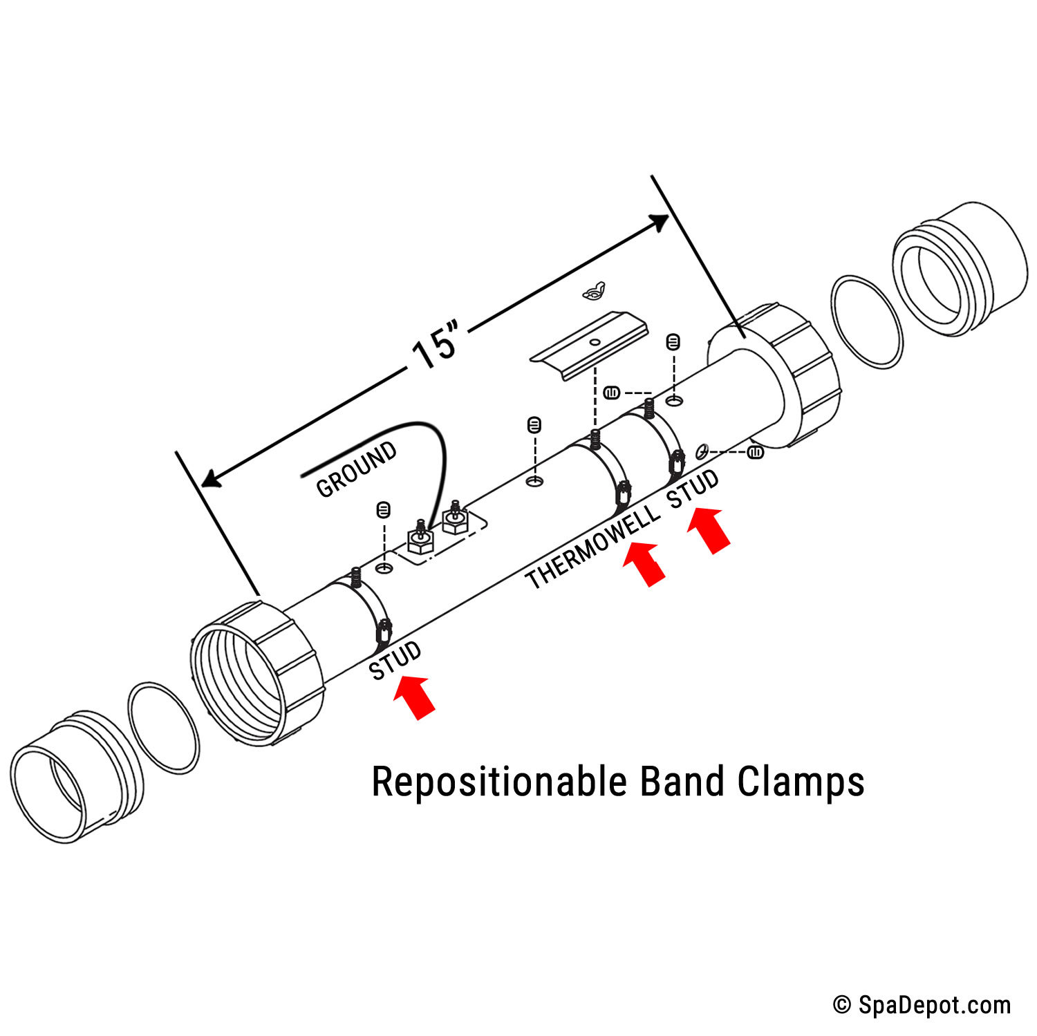 15in Universal Flo-Thru Adjustable Hot Tub Spa Heater - Choose 5.5, 4.5, or 4kW