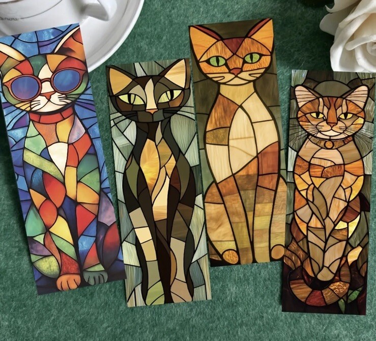 30 PC Bookmark Set Cats Stained Glass Whimsical 1.5" x 6" New Free Ship 200