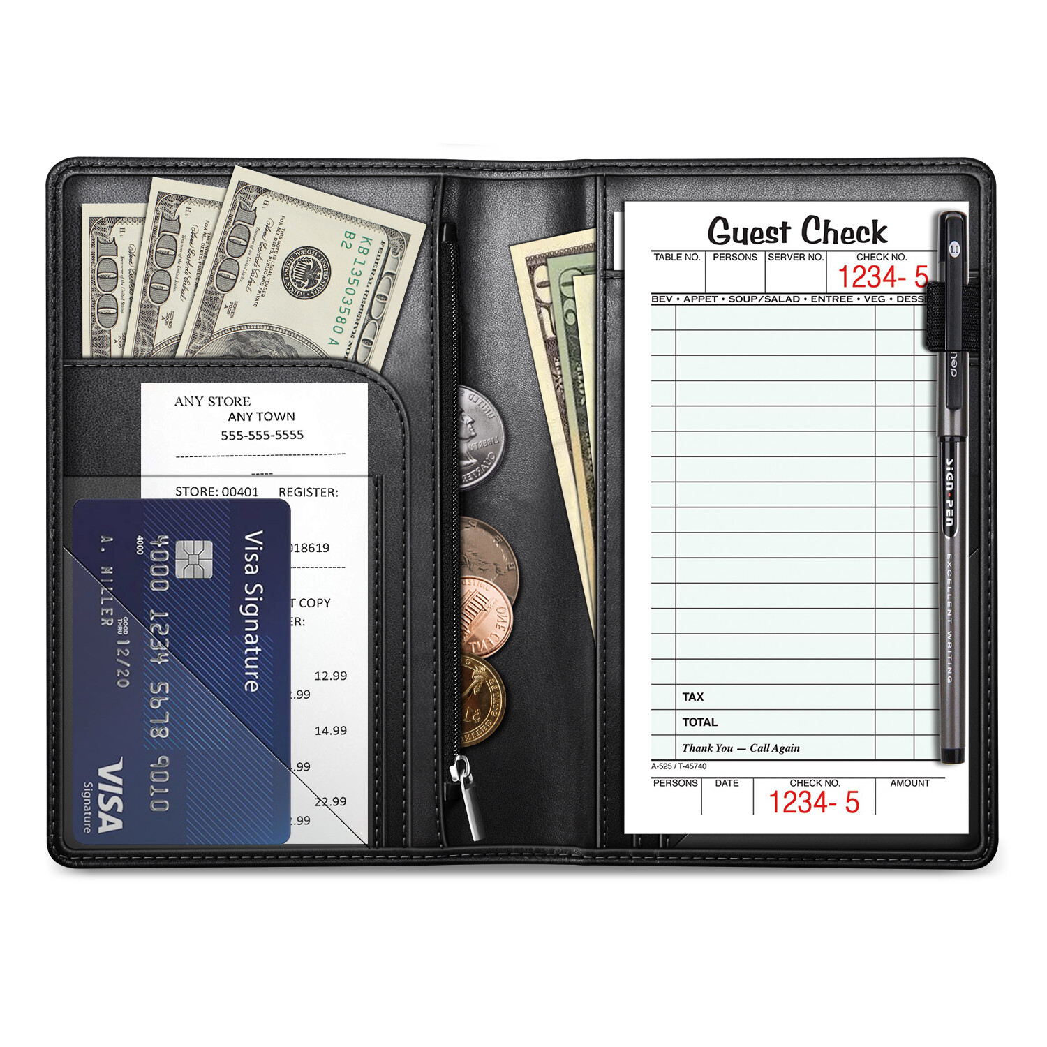 Server Book Organizer Zipper Pocket for Waitress Waiter Bartender Card Holder