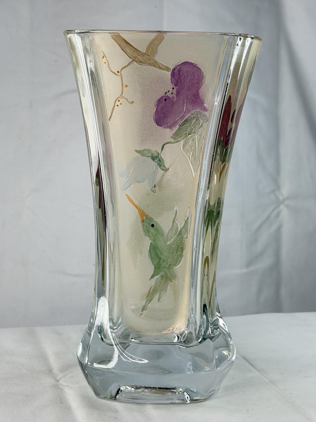 Miki Takachiho Signed Art Glass Vase Hummingbird Purple Floral Hand Painted 10"