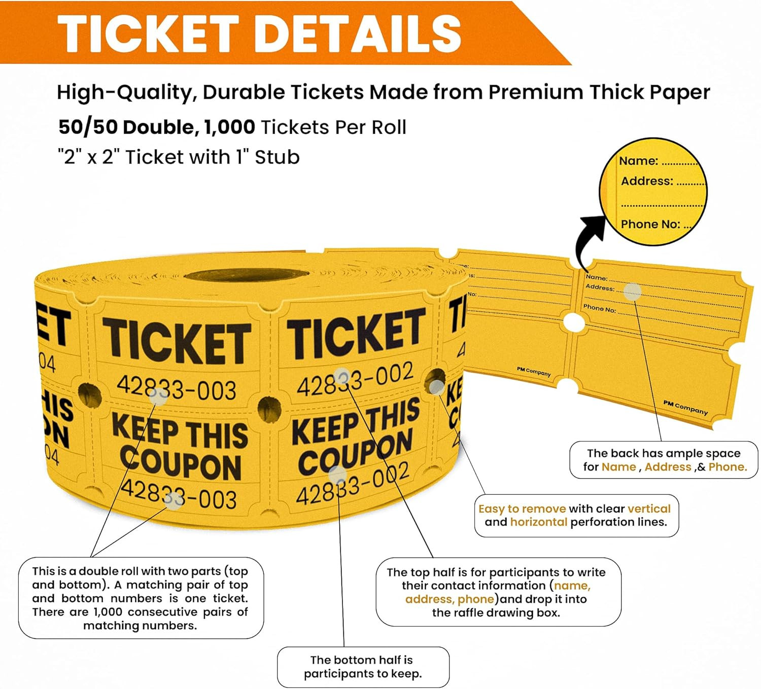 2000 Pcs (1000 Pairs) Raffle Tickets Double Roll, 50/50 Yellow Raffle Tickets fo