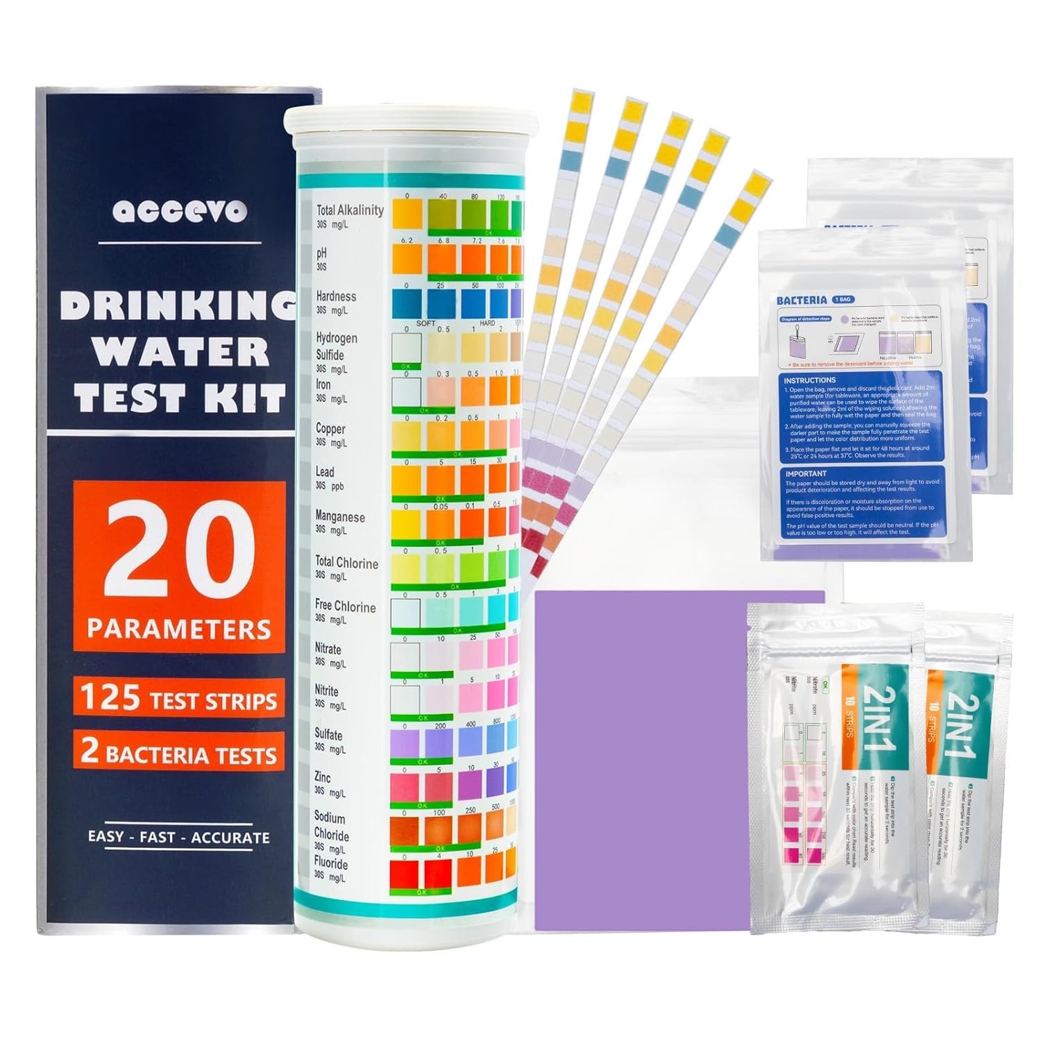 20 in 1 Complete Drinking Water Test Kits 125 Strips-Well Tap Home City W