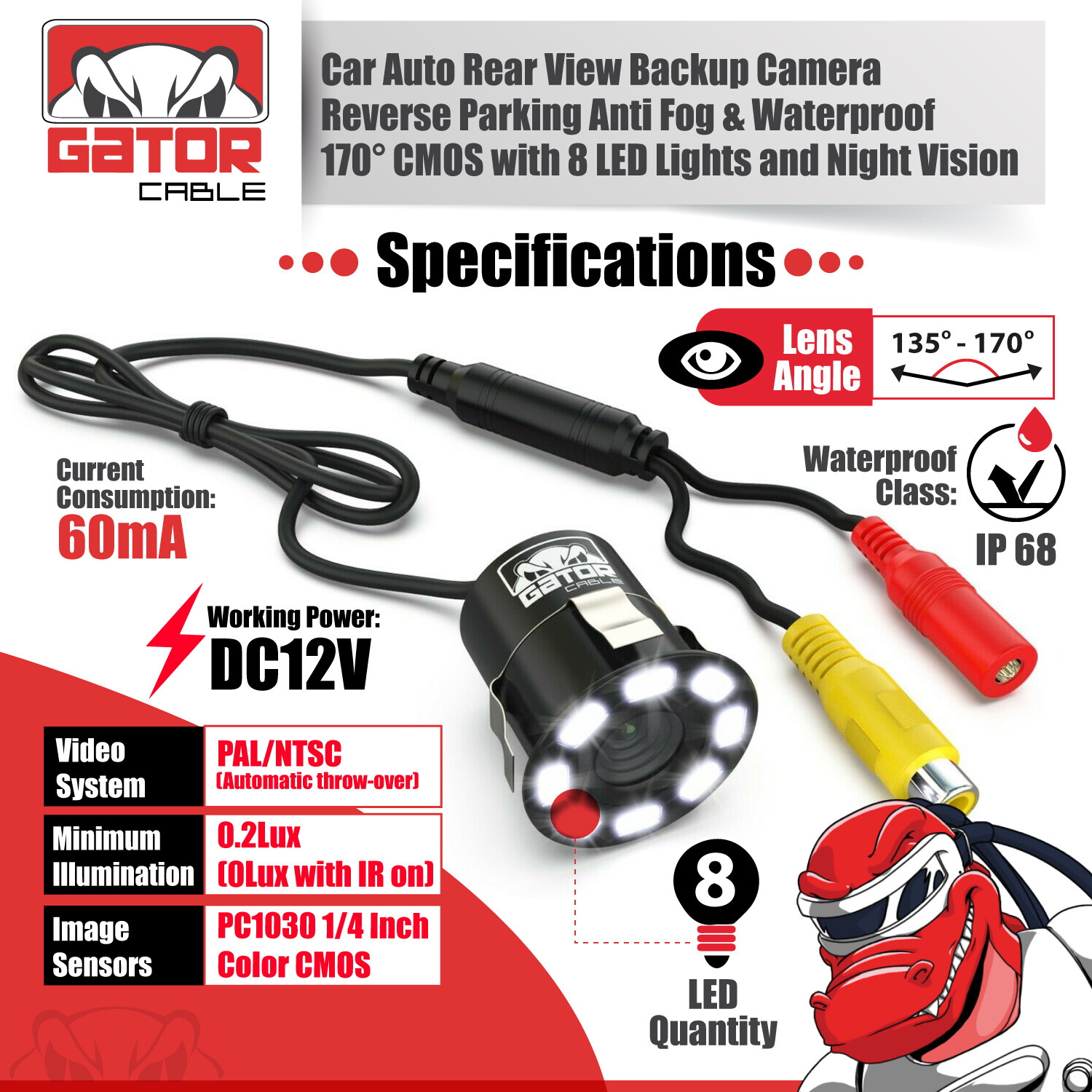 Car Rear View Backup Reverse Camera 170° CMOS 8 LED HD Night Vision Waterproof