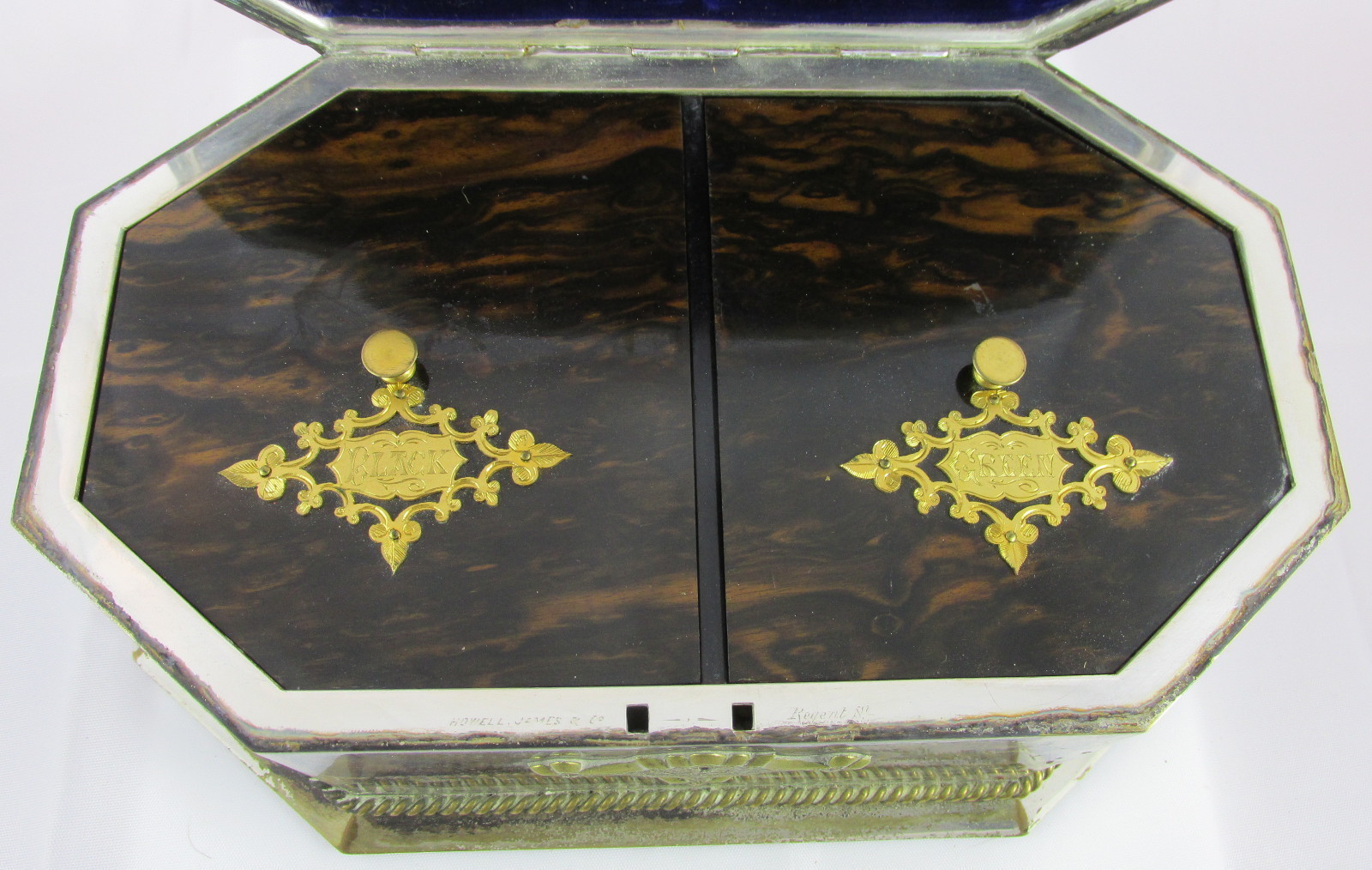 Victorian English Howell James Silver Plate Black&Green Tea Casket Pietra Dura